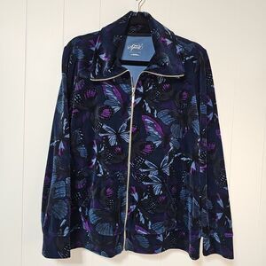 Womens Boho Velvet Track Jacket Large Dark Jewel Tones Butterflies Fairy